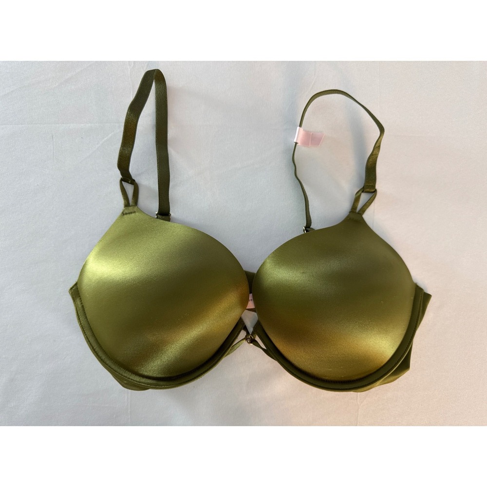 Victoria's Secret Bombshell Plunge Push Up Bra 36C Olive Green Satin NWT